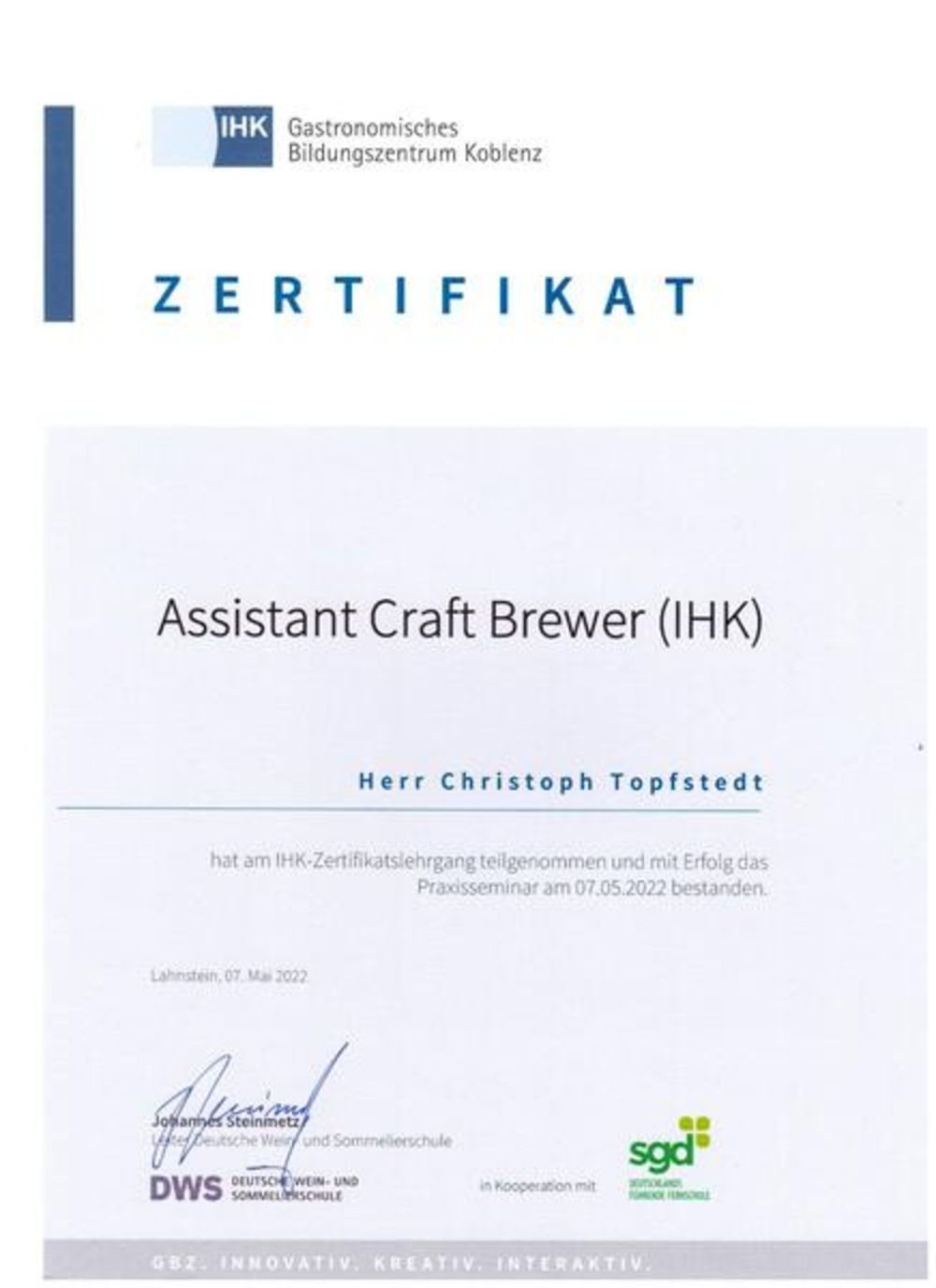 Assistant Craft Brewer Zertifikat